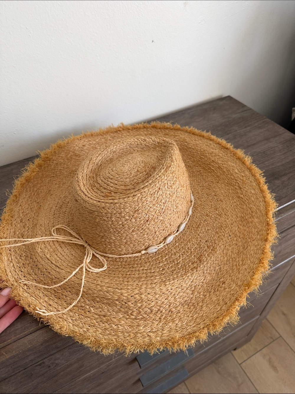 Wide Brim Straw Sun Hat with Shell Trim - Tan